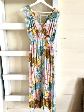 Floral Maxi Dress Beach Boho Cover Blue Island Tropical Teal, Pink